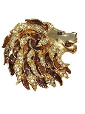 MGM Lion Head Cat Scarf ring Rhinestones Gold Tone Metal brown Enamel CRAFT